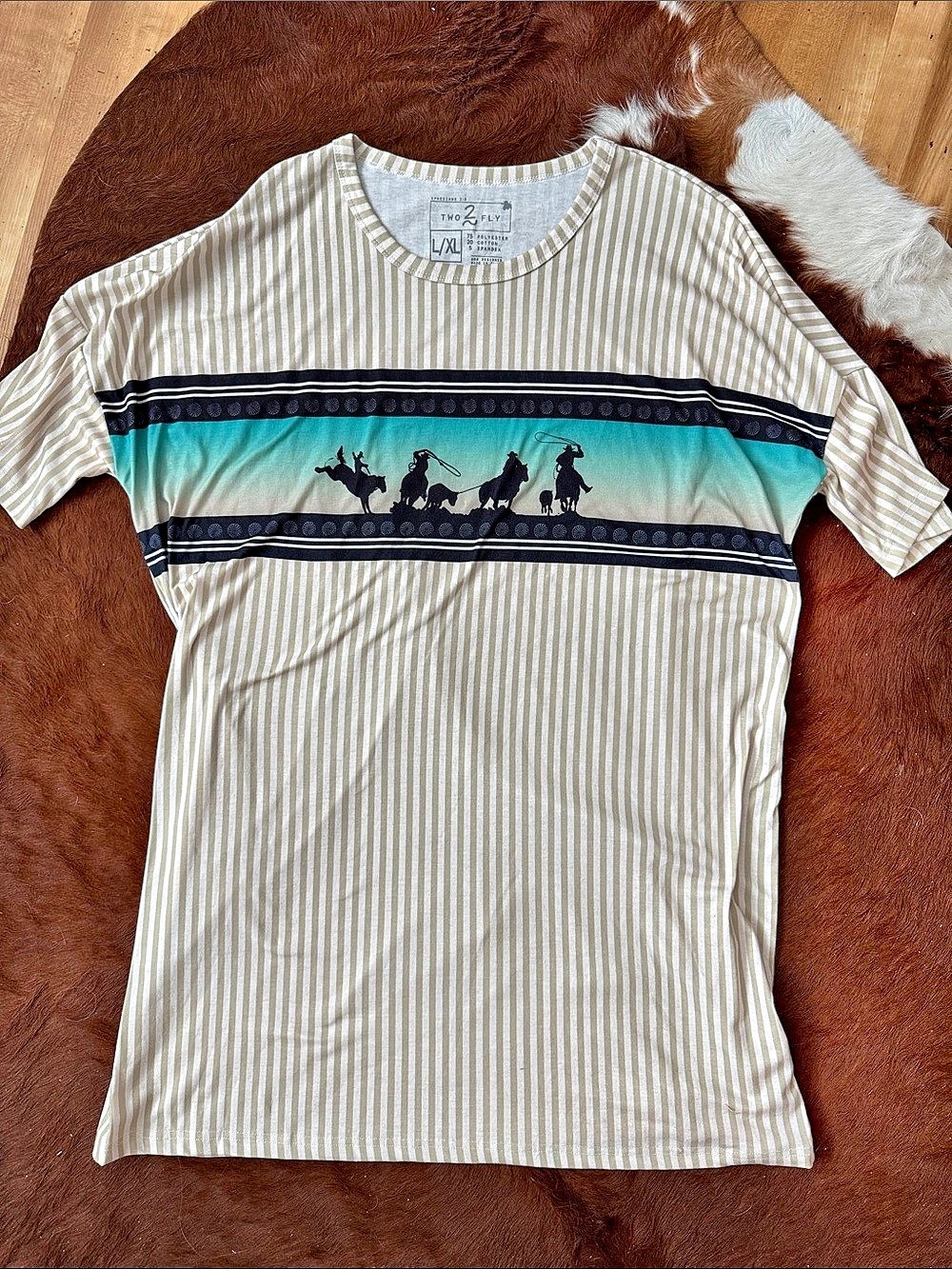 Two 2 Fly Striped Western Graphic Tee in Cream & Blue